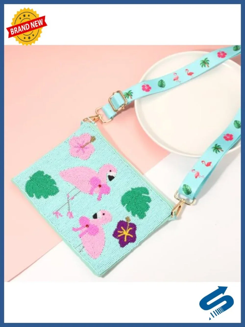 Beaded Flamingo Crossbody Purse Tropical Summer Beach Shoulder Bag
